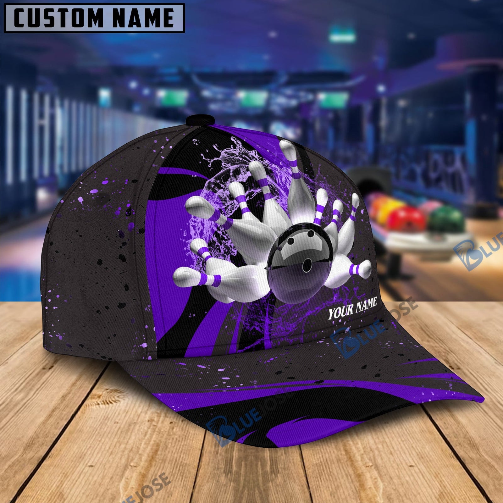 BlueJose Bowling And Pins Water Flow Multicolor Option Personalized Name Cap