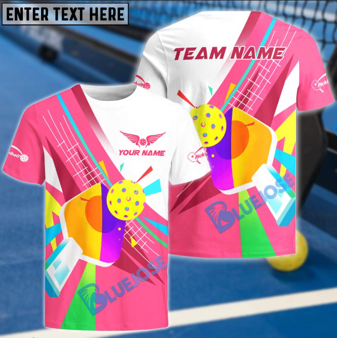 BlueJose Pickleball Colorful Swing Personalized Name, Team Name Unisex Shirt (4 Colors)