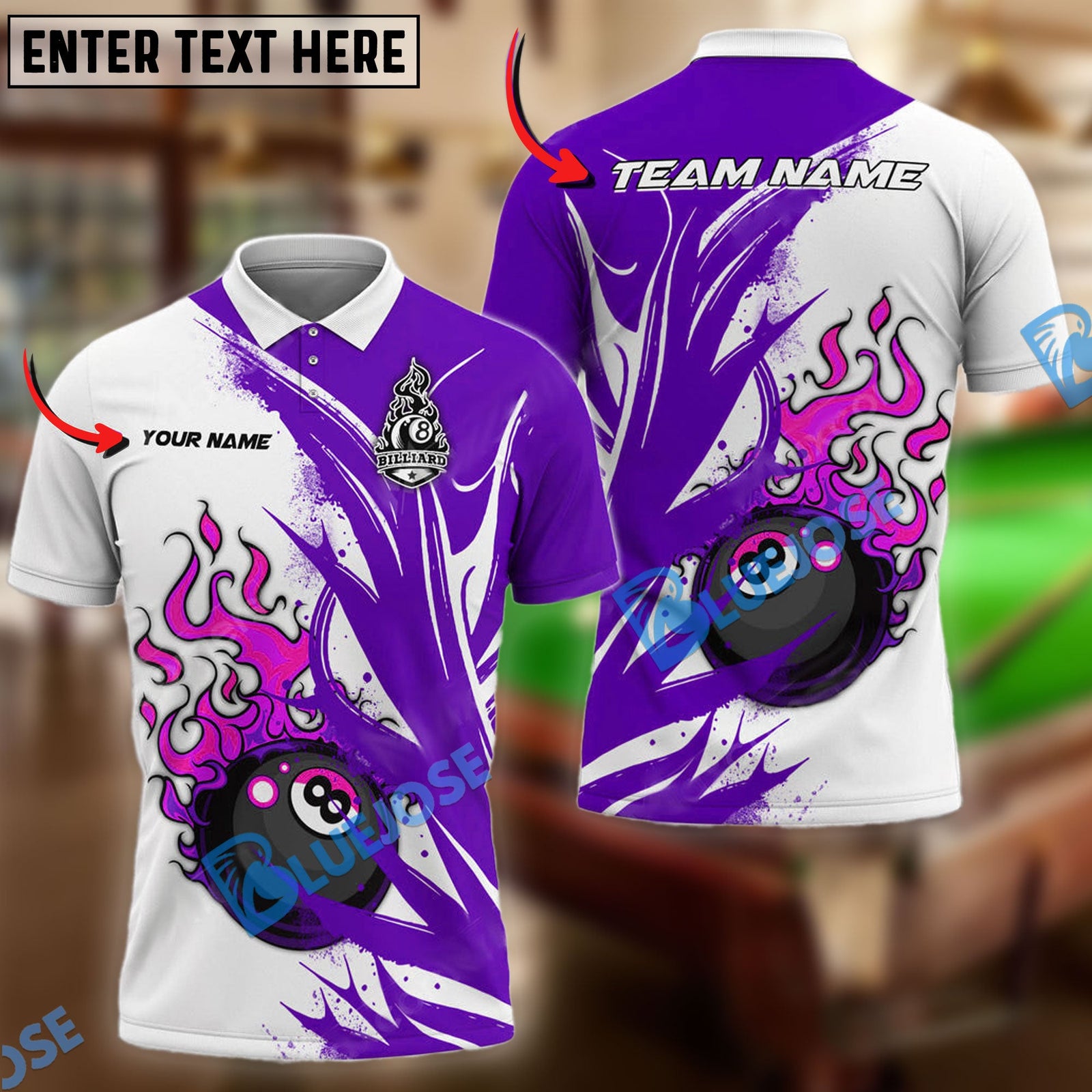 BlueJose Billiards Ball 8 Rot Fire Personalized Name & Team Name Shirt (4 Colors)