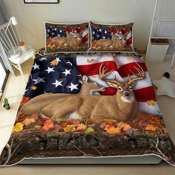 Bluejose Deer Hunting American Flag Quilt Bedding Set