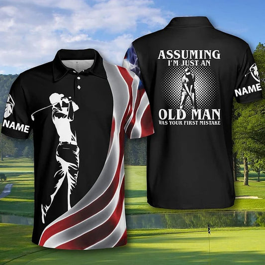 BlueJose Assuming I'm Just an Old Man Was Your First Mistake Golf Personalized Name Polo Shirt