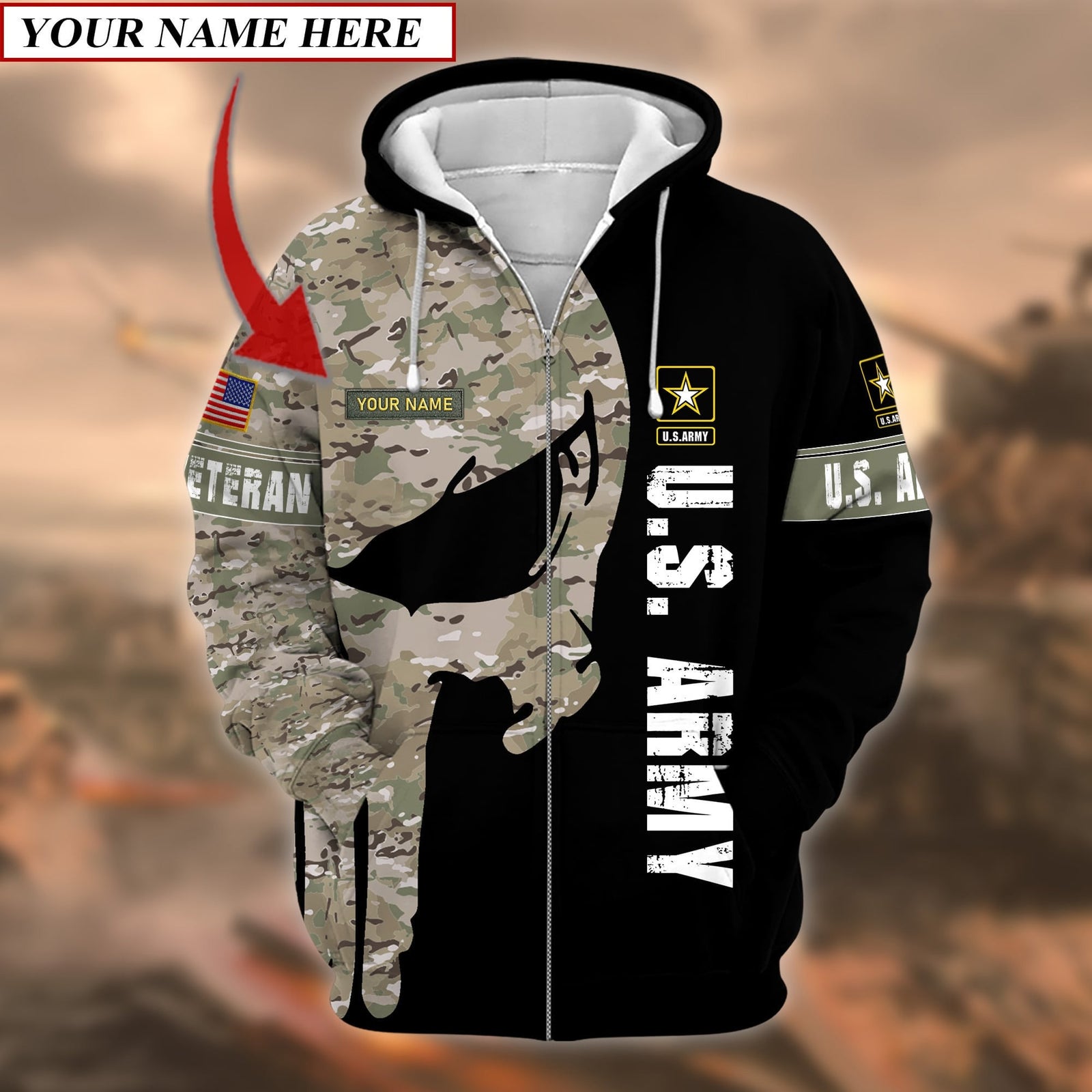 BlueJose Premium Multiple US Military Services Veteran Personalize Zip Hoodie