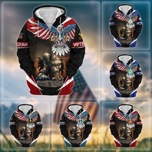 BlueJose Premium Honor The Fallen US Veteran Zip Hoodie
