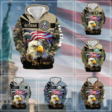 BlueJose Premium Honoring All Who Served US Veteran Zip Hoodie