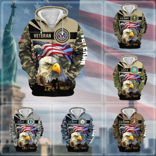 BlueJose Premium Honoring All Who Served US Veteran Zip Hoodie