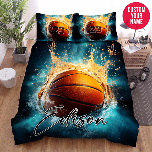 BlueJose Personalized Basketball Fire And Water Custom Name Duvet Cover Bedding Set