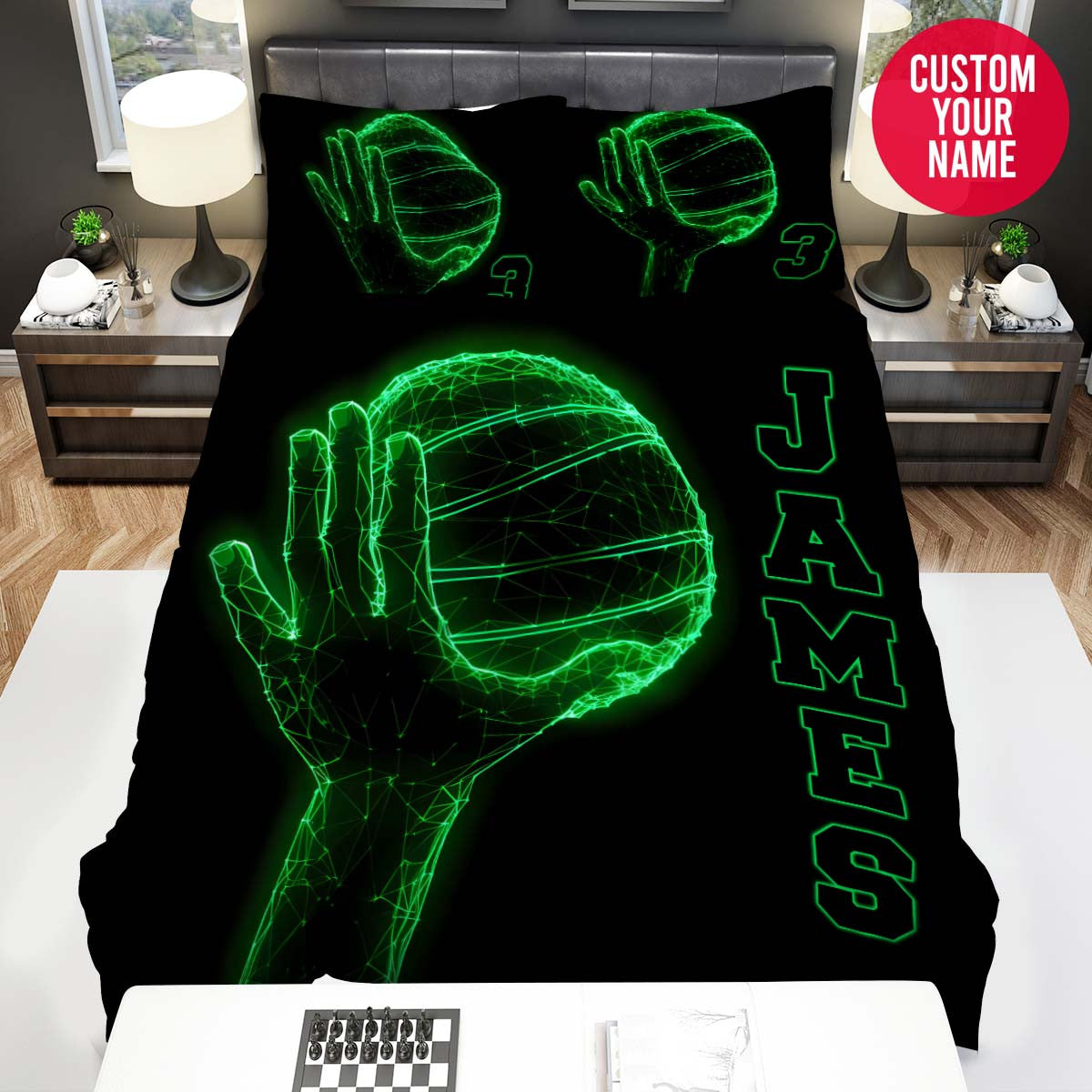 BlueJose Personalized Basketball Green Neon Ball Custom Name Duvet Cover Bedding Set