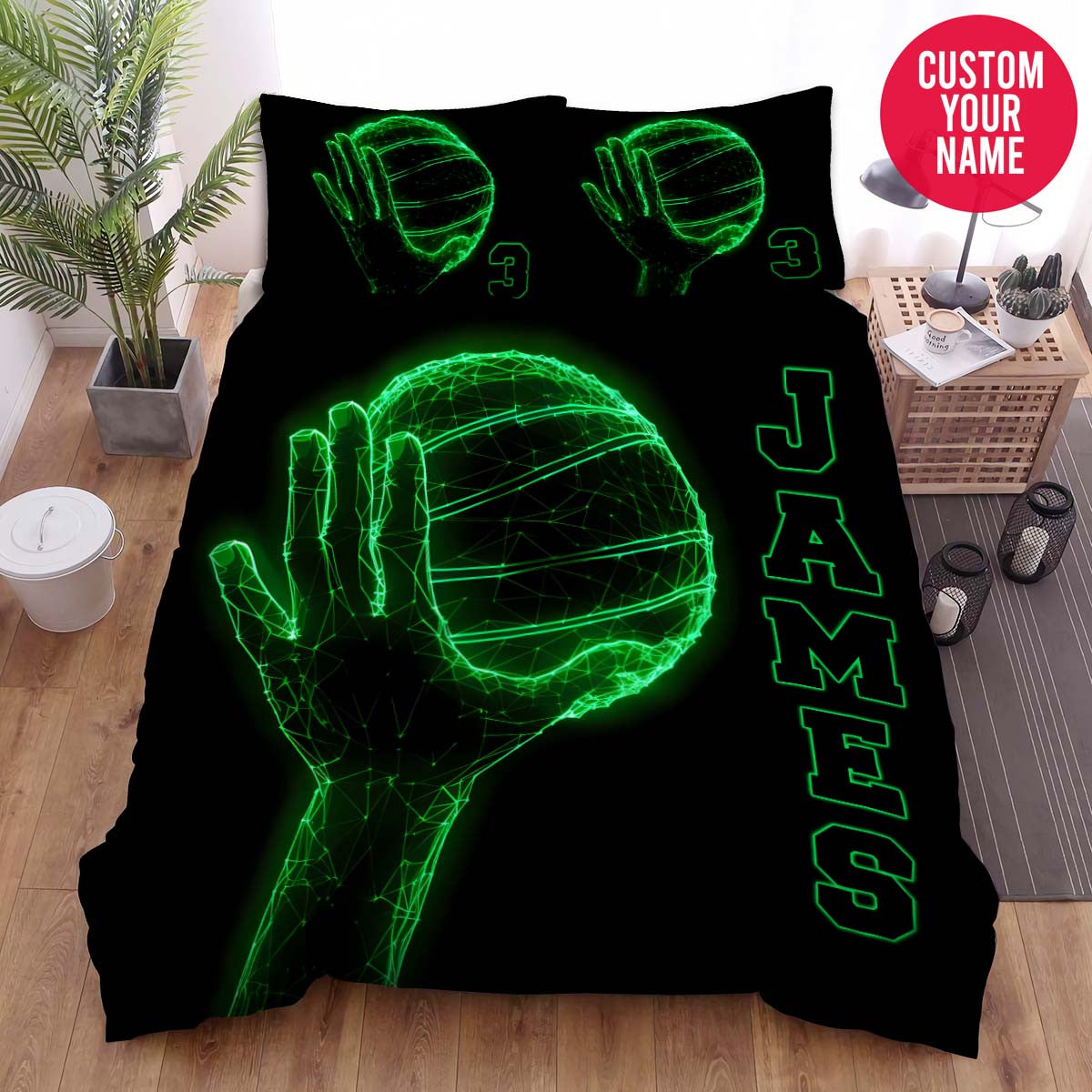 BlueJose Personalized Basketball Green Neon Ball Custom Name Duvet Cover Bedding Set