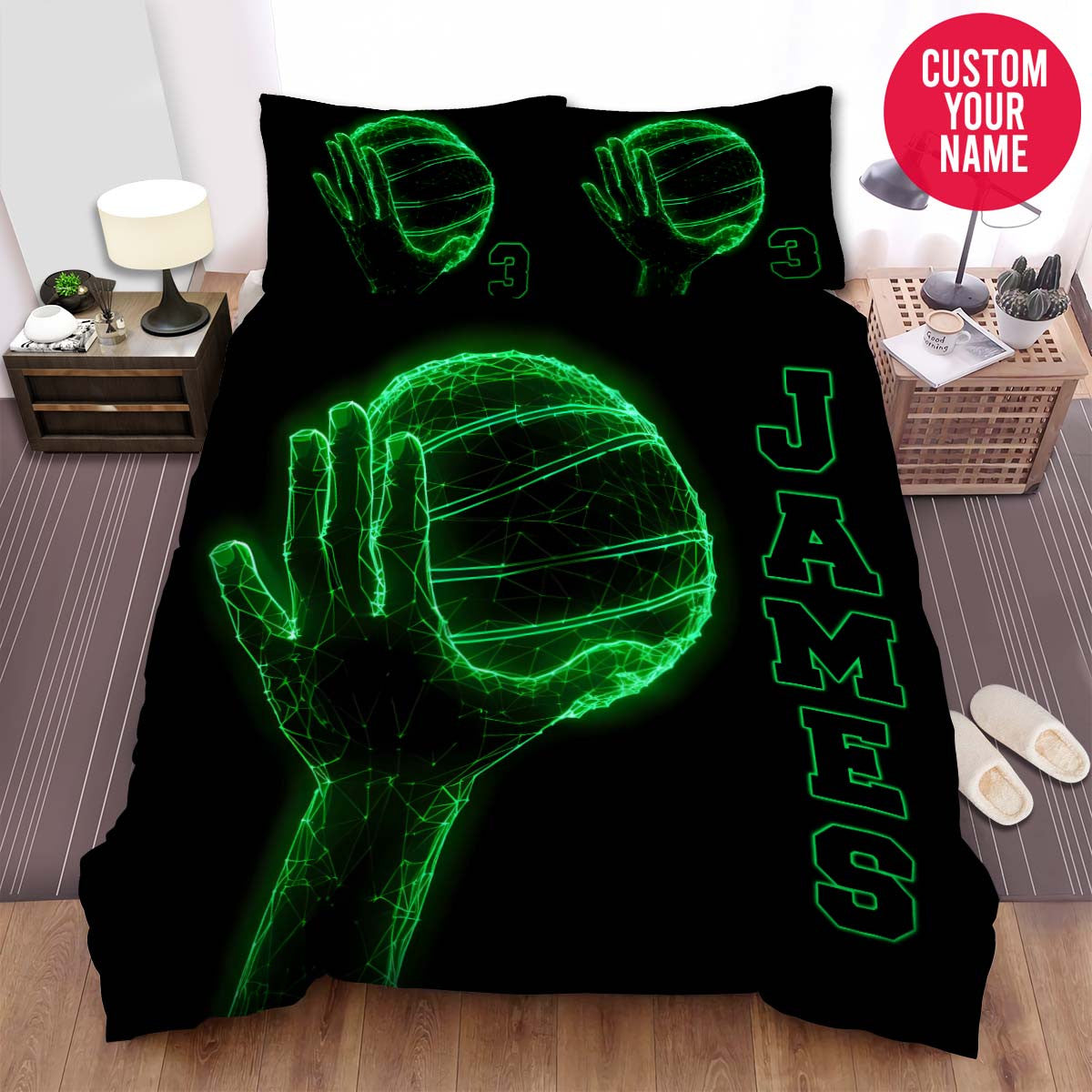 BlueJose Personalized Basketball Green Neon Ball Custom Name Duvet Cover Bedding Set