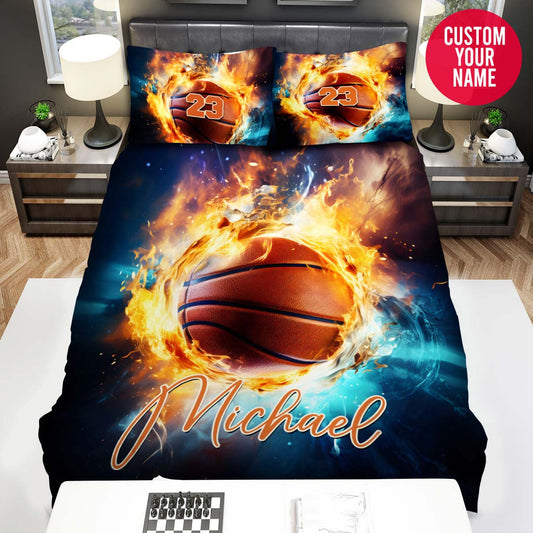 BlueJose Personalized Basketball Ball With Fire And Ice Duvet Cover Bedding Set