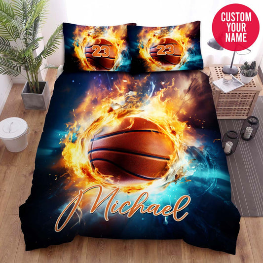 BlueJose Personalized Basketball Ball With Fire And Ice Duvet Cover Bedding Set
