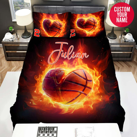 BlueJose Personalized Basketball Fire In Heart Shape Custom Name Duvet Cover Bedding Set