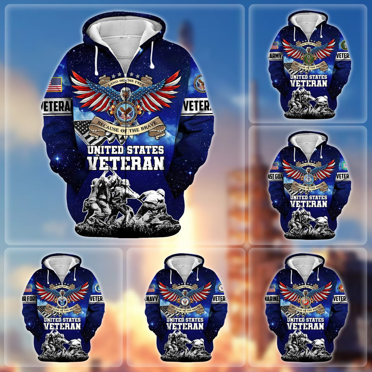 BlueJose Premium Land Of The Free Because Of The Brave US Veteran Zip Hoodie