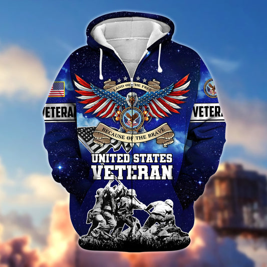 BlueJose Premium Land Of The Free Because Of The Brave US Veteran Zip Hoodie