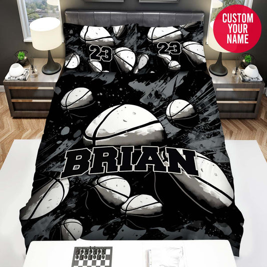 BlueJose Personalized Basketball Balls Black And White Custom Name Duvet Cover Bedding Set