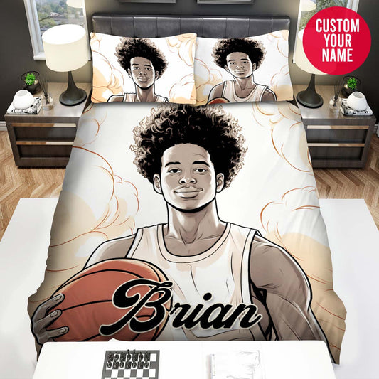 BlueJose Personalized Black Boy Hold Basketball Ball Illustration Duvet Cover Bedding Set