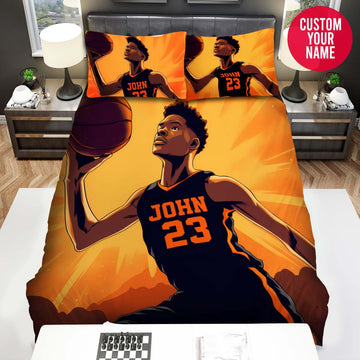 BlueJose Personalized Black Boy Playing Basketball For Sons Custom Name Duvet Cover Bedding Set