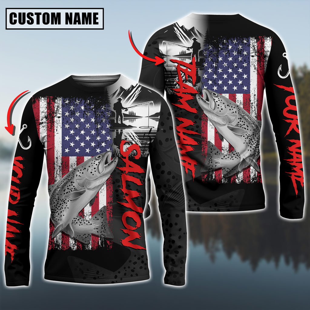 Bluejose Salmon Fishing  Black US Flag Sport Custom Name &amp; Team Name 3D Shirts