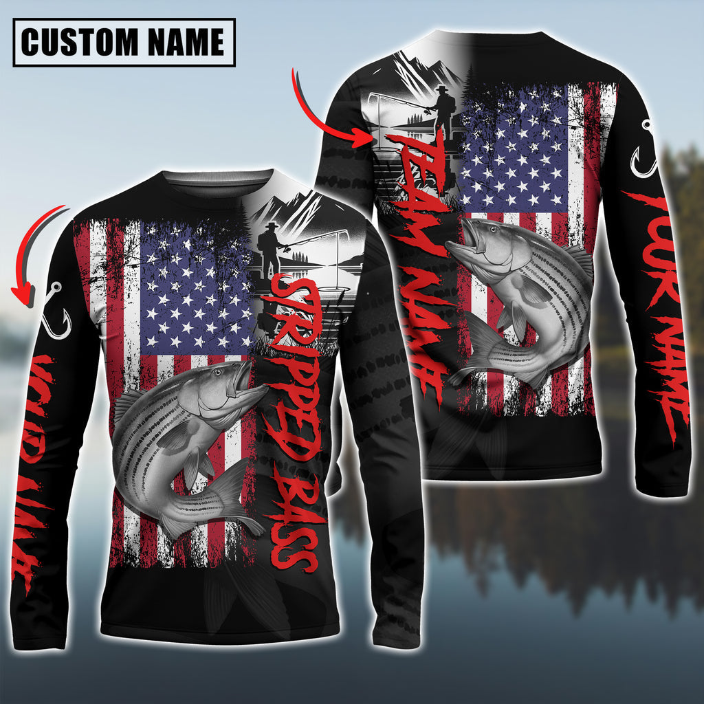 Bluejose Striped Bass Fishing  Black US Flag Sport Custom Name &amp; Team Name 3D Shirts