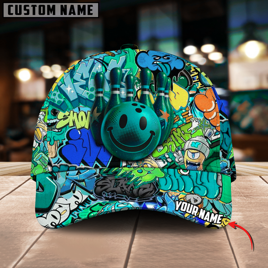 BlueJoses Bowling And Pins Graffiti Funny Smiley Personalized Name Cap