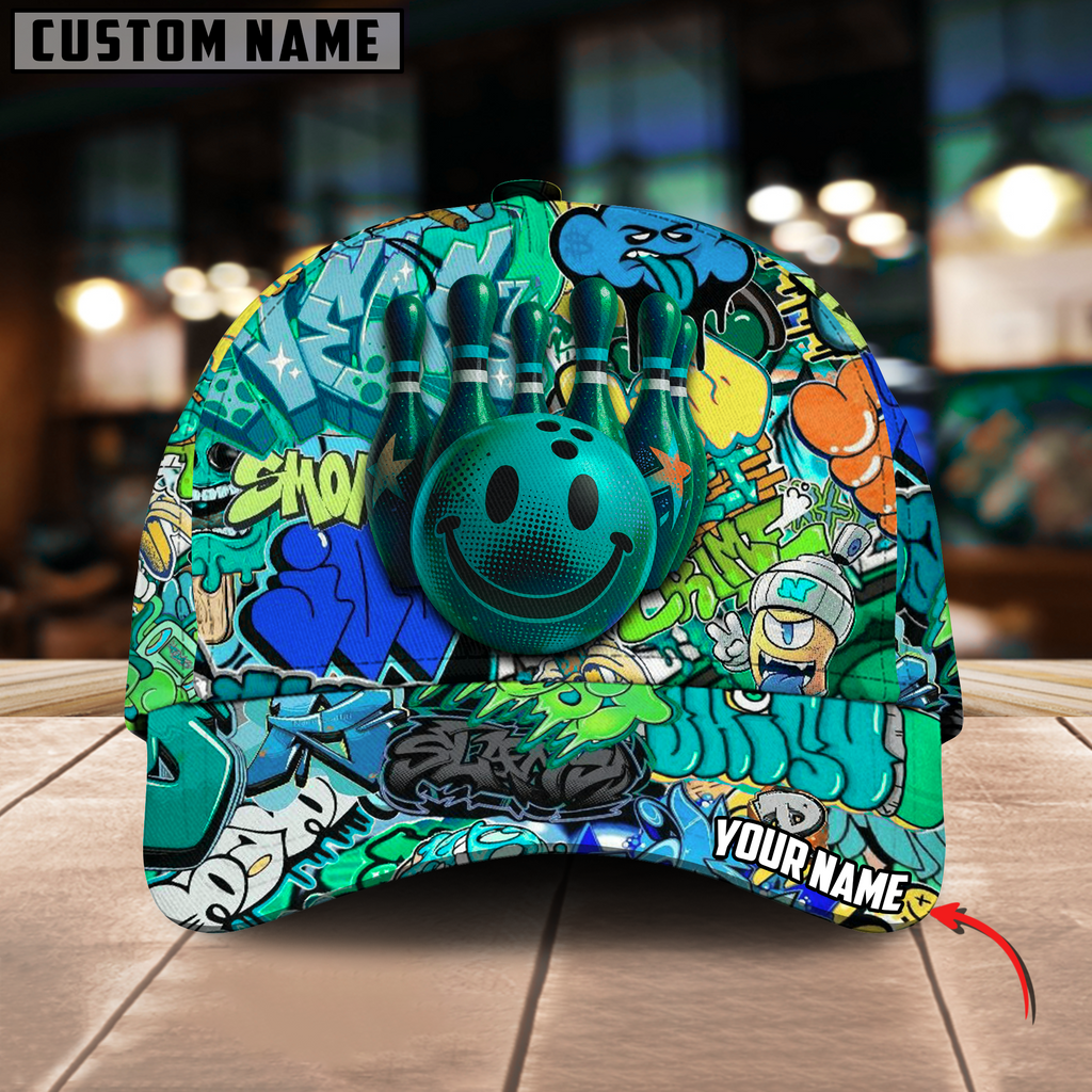 BlueJoses Bowling And Pins Graffiti Funny Smiley Personalized Name Cap