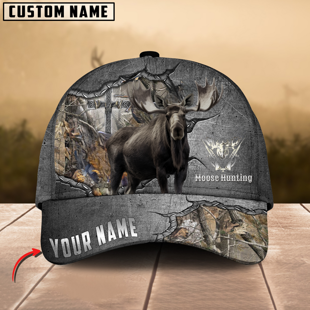 BlueJose Moose Hunting Metal Under God Personalized Cap