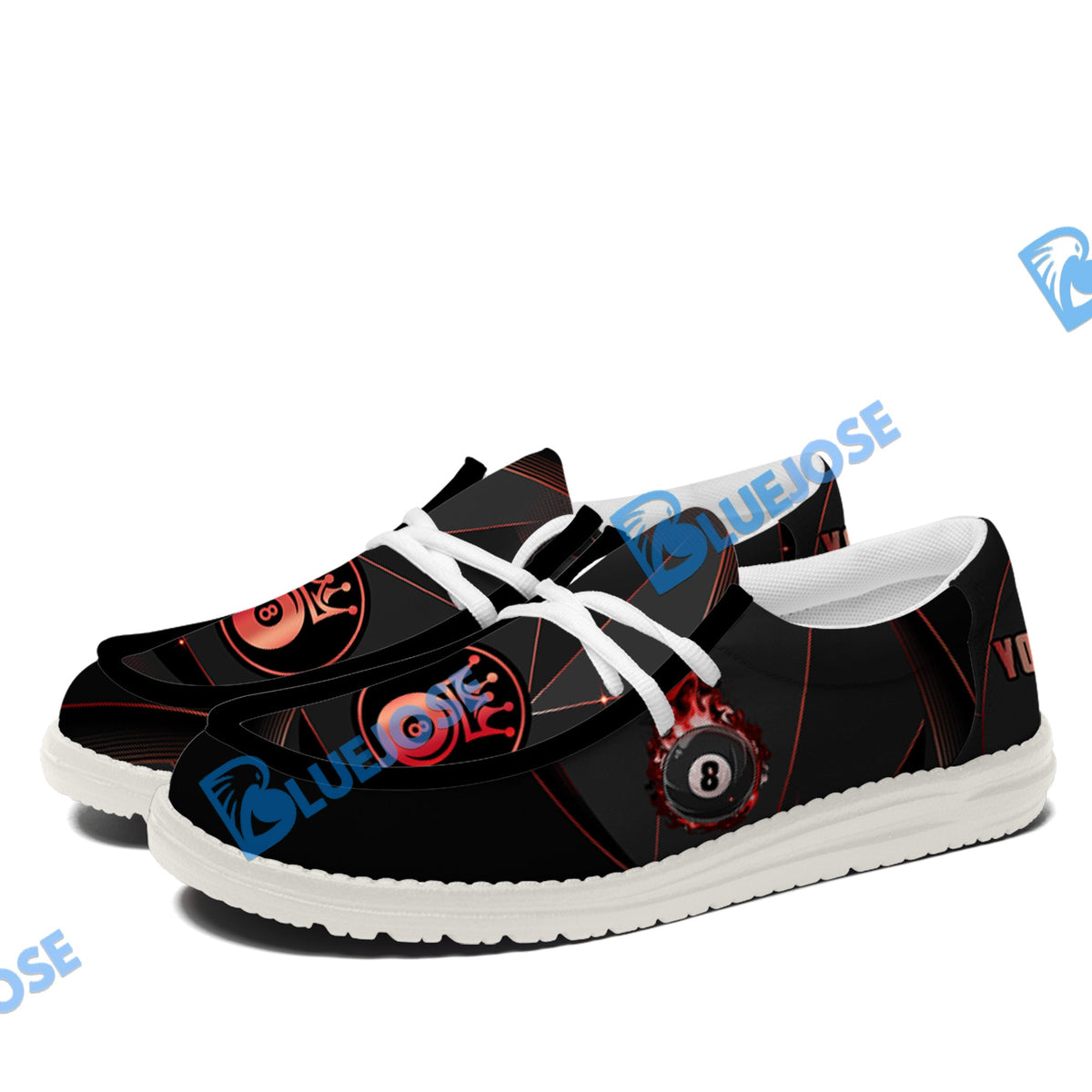 BlueJose Billiards 8 Ball Flame Luxury White Canvas Loafer Shoes (4 Colors)