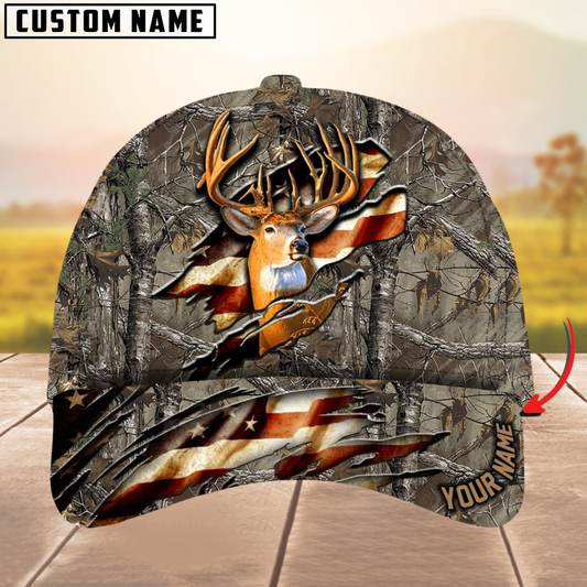 BlueJose Deer Hunting Eternity Cracked Flag Multicolor Personalized Name 3D Cap