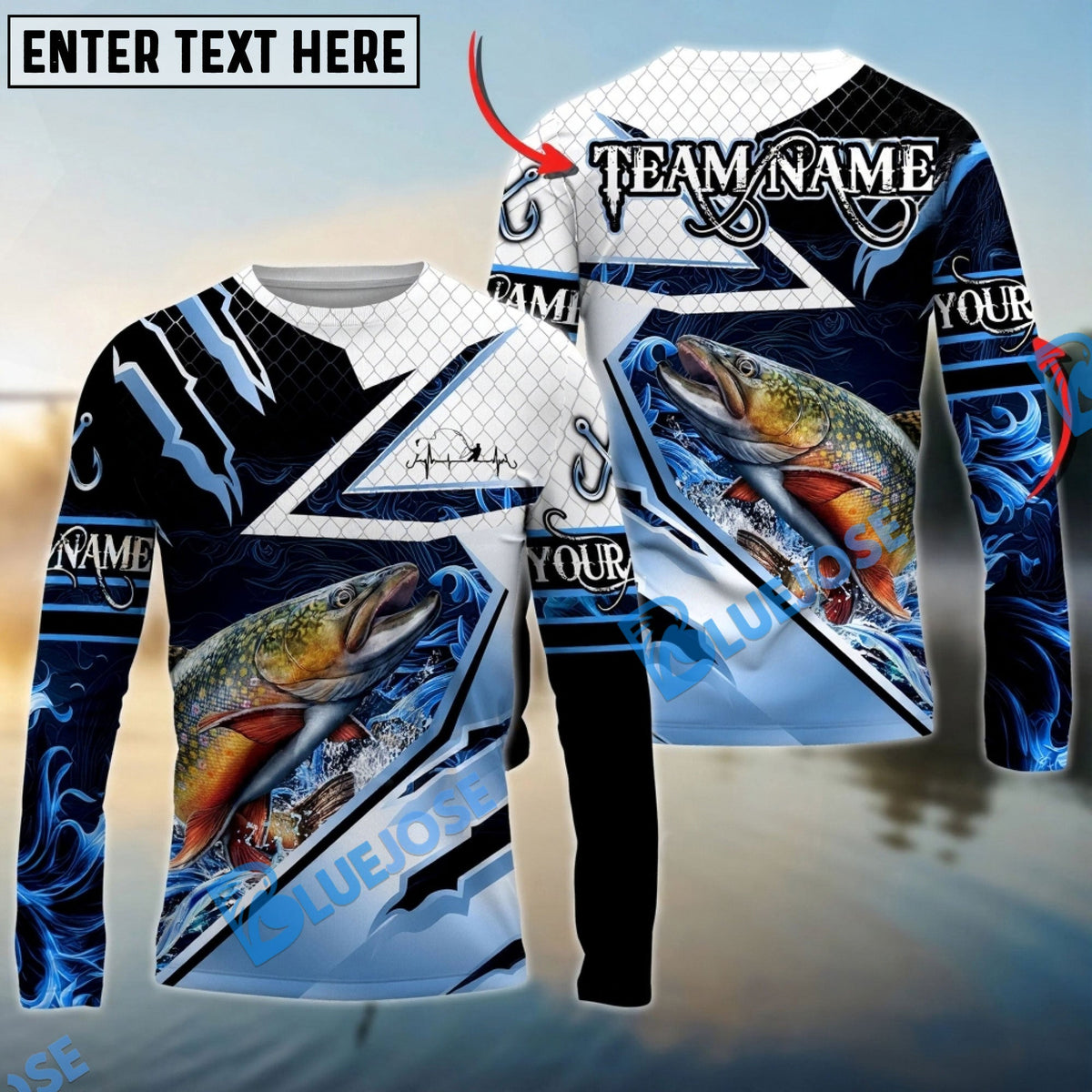 Bluejose Trout Fishing Splash Blue Water Hook Scratch Sport Custom Name &amp; Team Name 3D Shirts