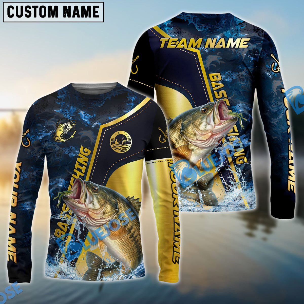 Bluejose Bass Fishing Ocean Wave Gold Luxury Pattern Custom Name &amp; Team Name 3D Shirts