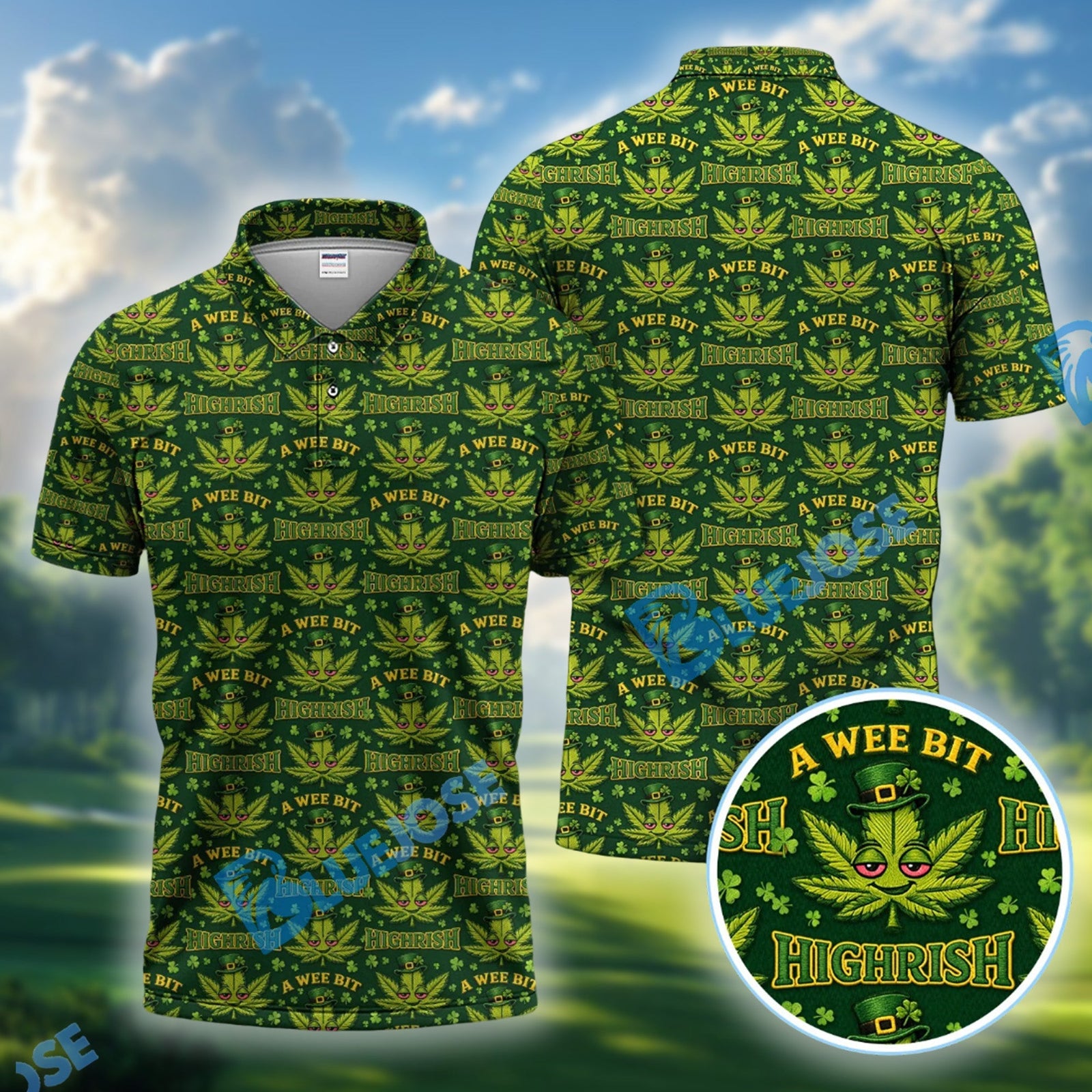 BlueJose A Wee Bit Highrish St. Patrick‚Äôs Day Golf Polos, Funny Irish Green Pattern Golf Shirt, Golf Gift For Golfer