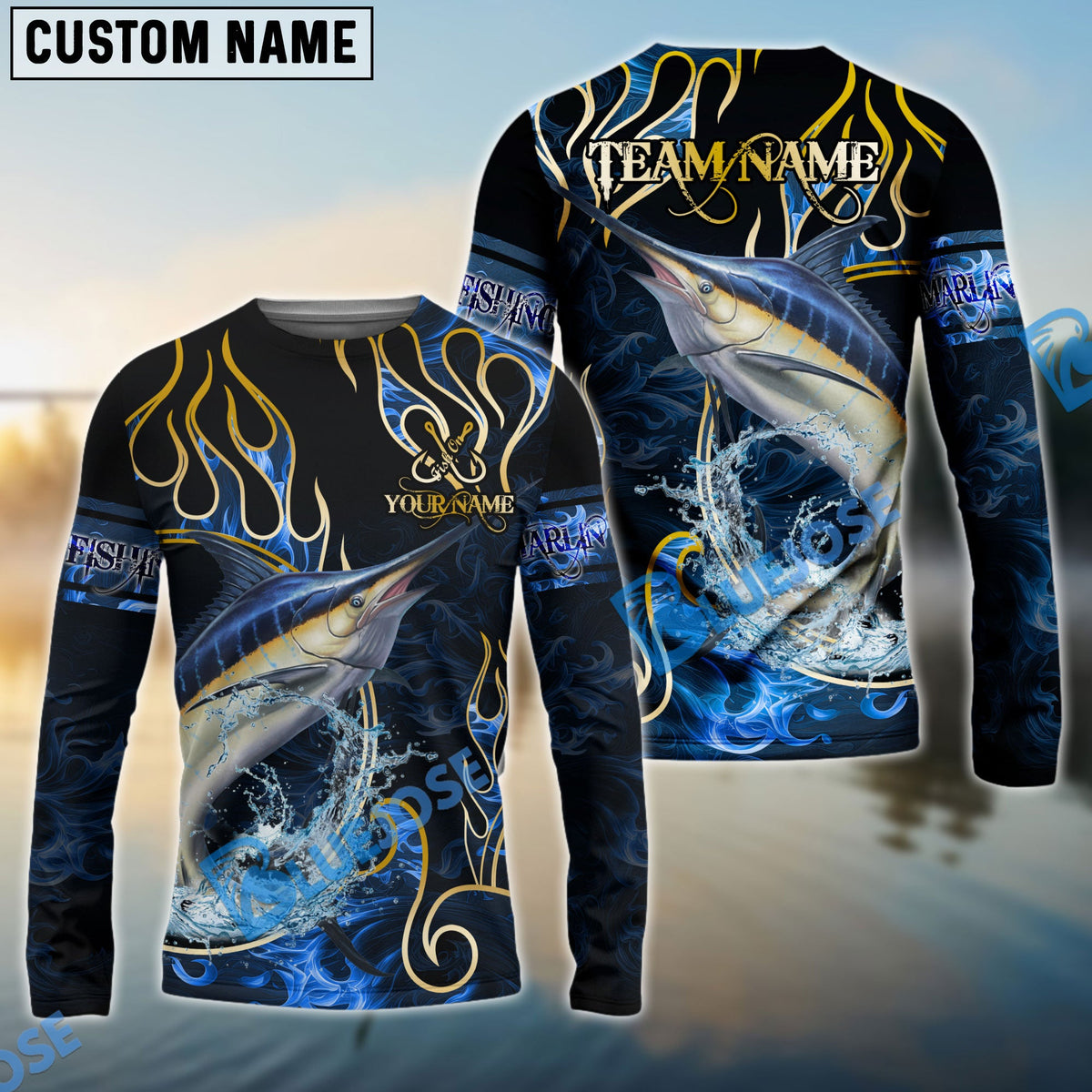 Bluejose Marlin Fishing Flame Dark Blue Luxury Pattern Custom Name &amp; Team Name 3D Shirts