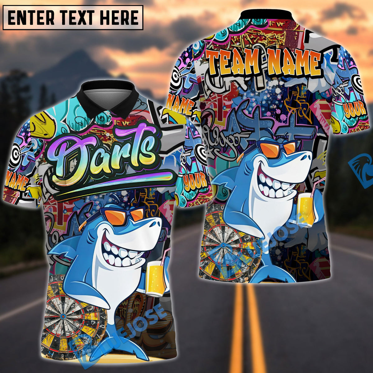 BlueJose Darts Graffiti-Style Shark Personalized Name, Team Name Shirt