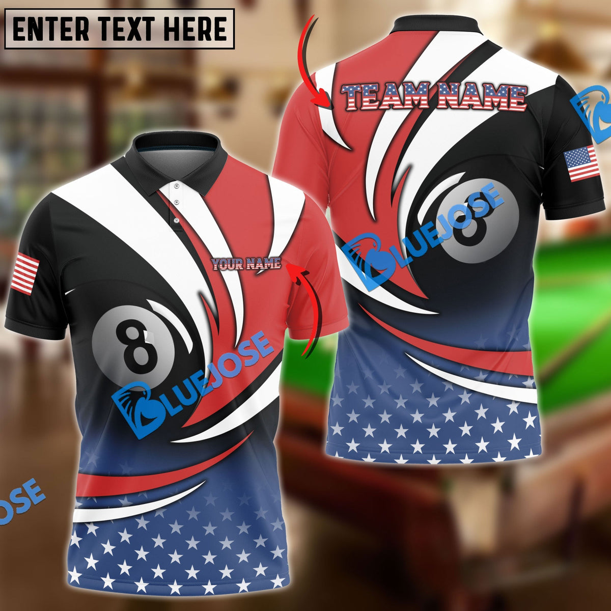 BlueJose Billiards American Flag Personalized Name, Team Name Shirt (3 Colors)