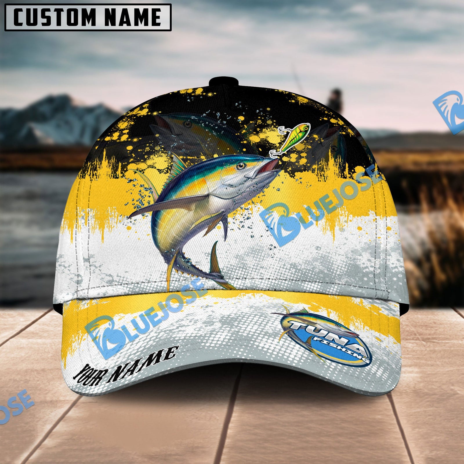 BlueJose Tuna Fishing Yellow White Sport Pattern Personalized Cap