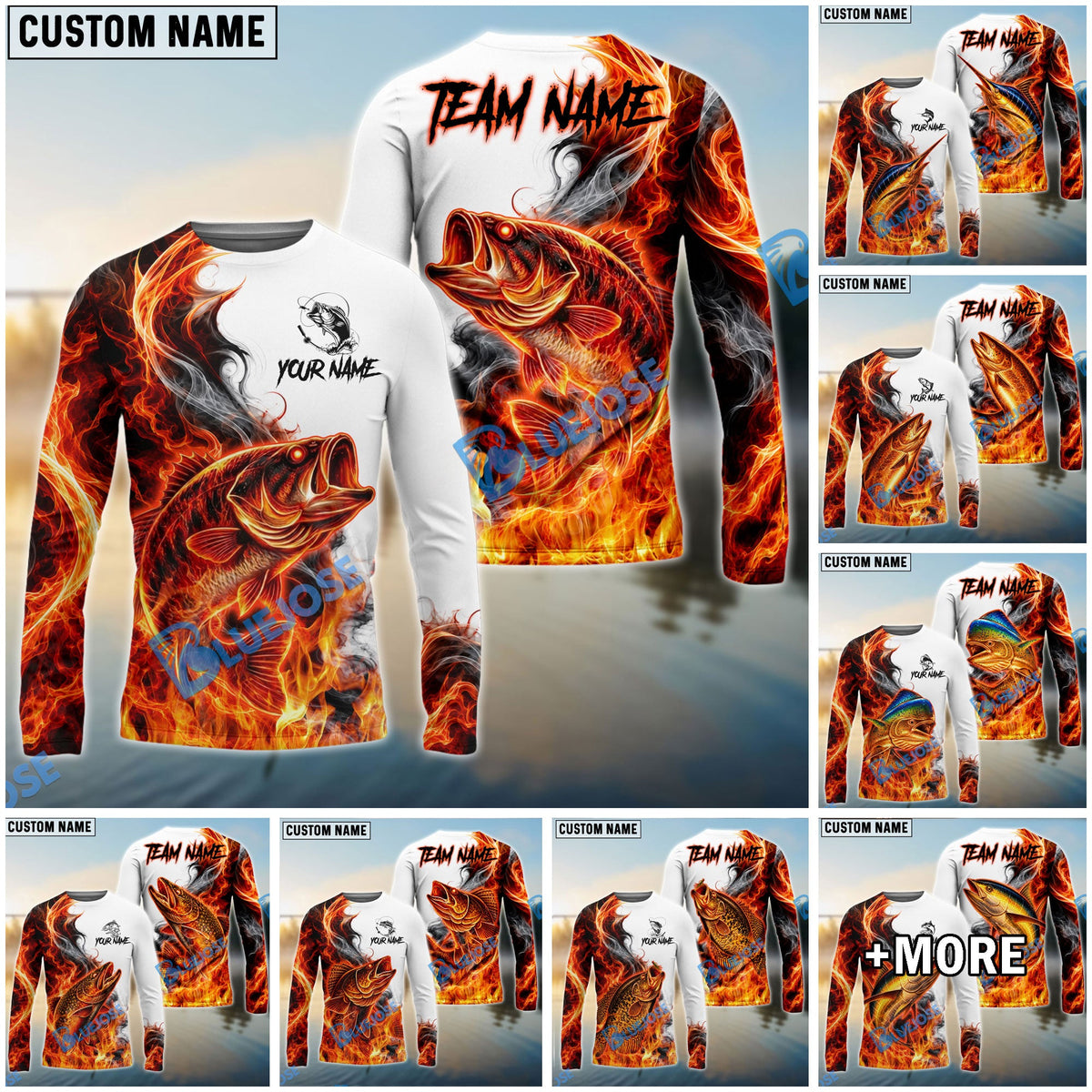 Bluejose Fishing Red Fire Flame Smoke Design Custom Name &amp; Team Name 3D Shirts (12 Breeds)