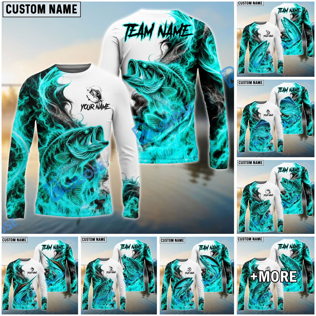 Bluejose Fishing Cyan Fire Flame Smoke Design Custom Name &amp; Team Name 3D Shirts (12 Breeds)