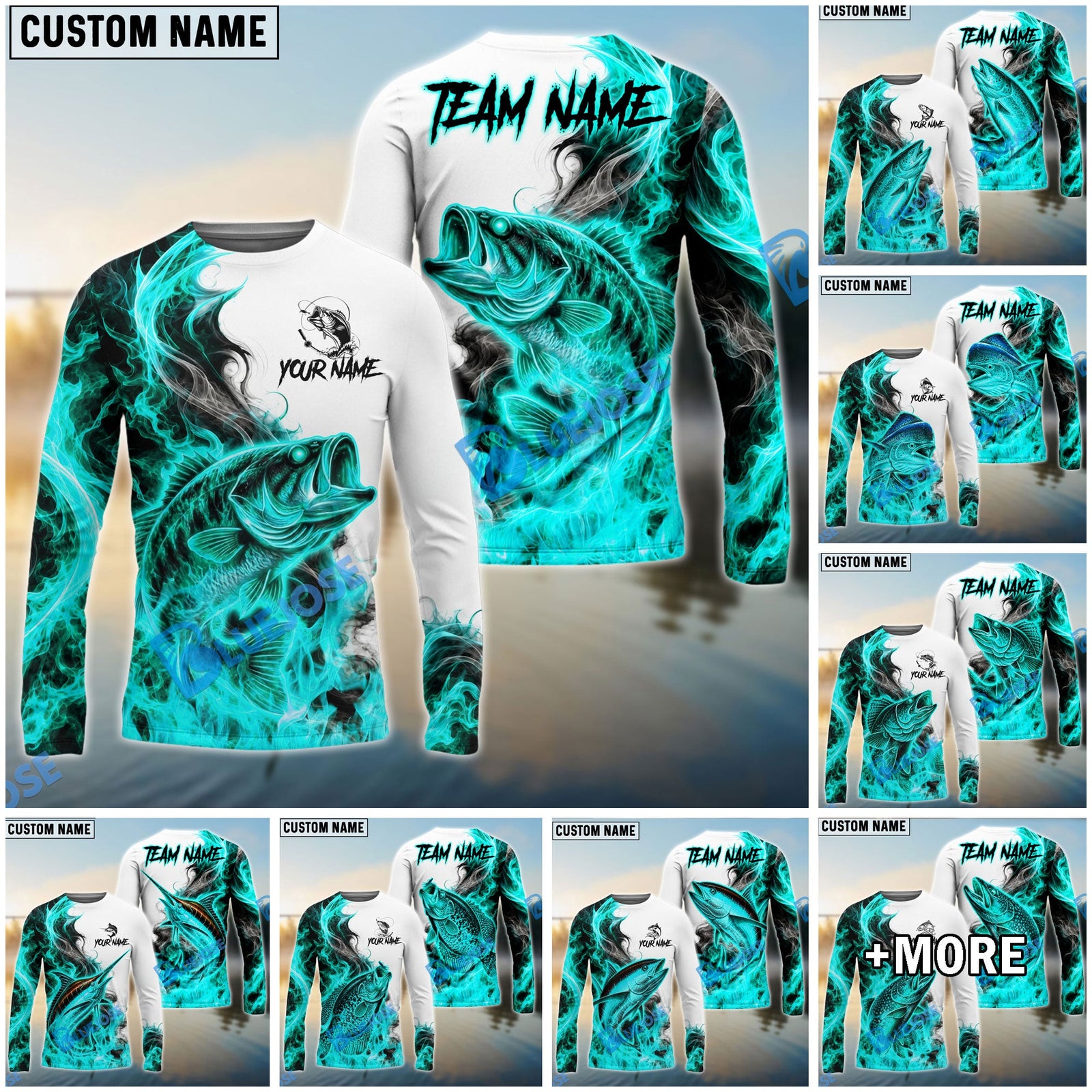 Bluejose Fishing Cyan Fire Flame Smoke Design Custom Name & Team Name 3D Shirts (12 Breeds)