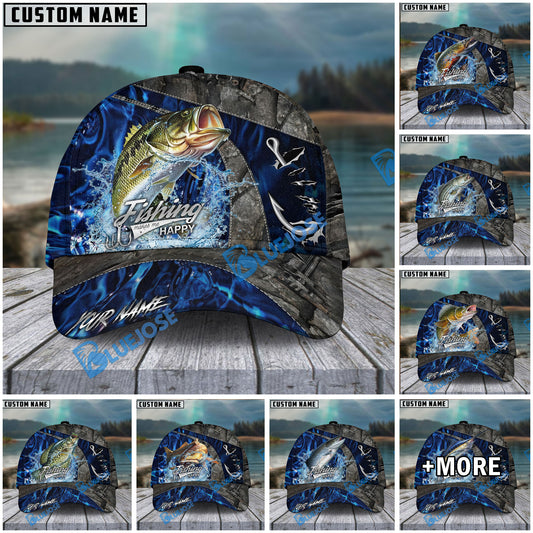BlueJose Fishing Water Splash Camo Happy Personalized Name Classic 3D Cap Personalized Cap (13 Breeds)