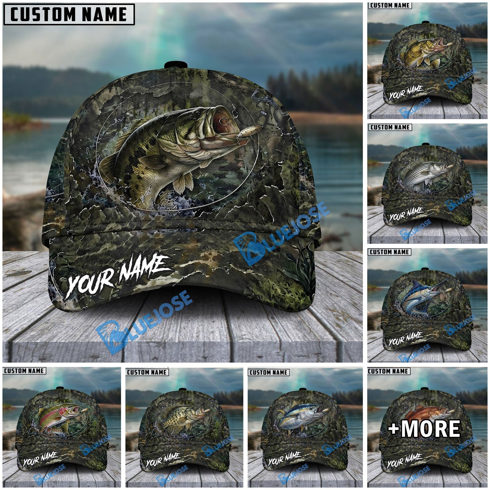 BlueJose Fishing Mossy Camo Water Ring Personalized Name Classic 3D Cap (13 Breeds)