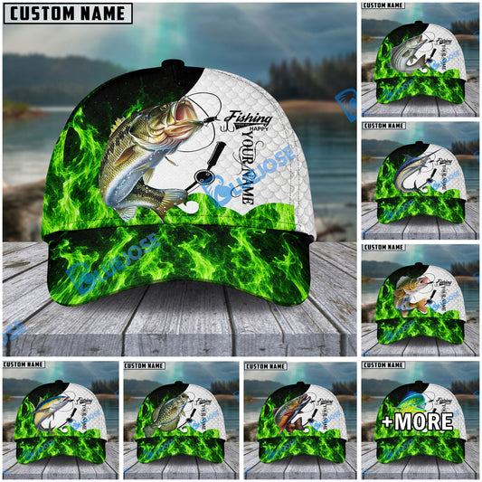 BlueJose Fishing Water Green Flame White Scale Personalized Name Classic 3D Cap (13 Breeds)