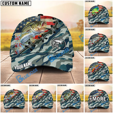 BlueJose Fishing American Flag Blue Camouflage Personalized Name Classic 3D Cap (13 Breeds)