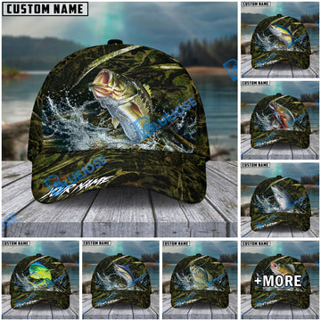 BlueJose Fishing Woodland Camouflage Water Splash Personalized Name Classic 3D Cap (13 Breeds)