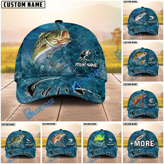 BlueJose Fishing Ocean Blue Underwater Texture Personalized Name Classic 3D Cap (13 Breeds)