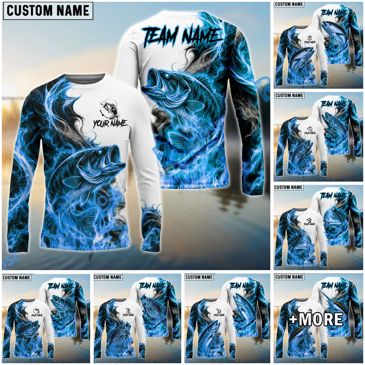 Bluejose Fishing Blue Flame Smoke Design Custom Name &amp; Team Name 3D Shirts (12 Breeds)