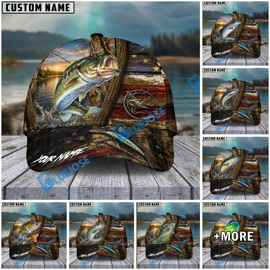 BlueJose Fishing Rustic Wooden American Flag Personalized Name Classic 3D Cap (13 Breeds)