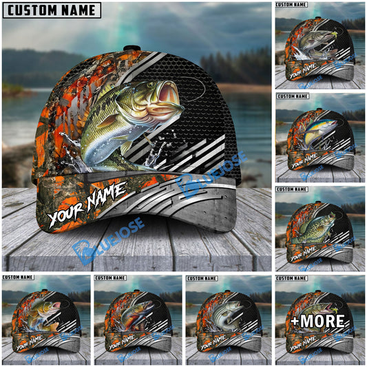 BlueJose Fishing Orange Camo Graphic Personalized Name Classic 3D Cap (13 Breeds)