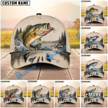 BlueJose Fishing Vintage Lake Scene Personalized Name Classic 3D Cap (13 Breeds)