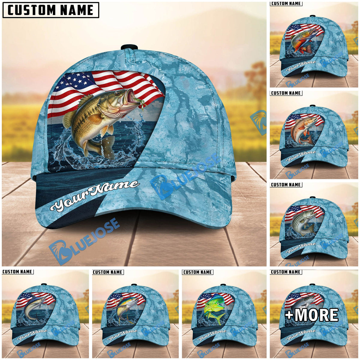 BlueJose Fishing American Flag Light Blue Ocean Design Personalized Cap (13 Breeds)