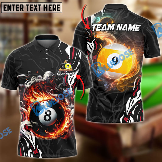 BlueJose Billiards 8 Ball & 9 Ball Smoke Flame Personalized Name Shirt (4 Colors)